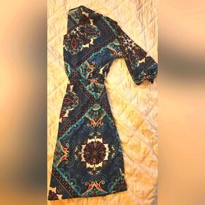 🌟Teal Blue Colorful Paisley Print Long Sleeve Flowy Boho Dress - Size Medium🌟